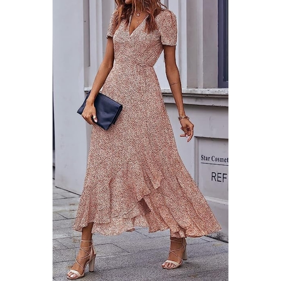 Women's Summer Wrap Maxi Dress Casual Boho Floral V Neck Short Sleeve Ruffle Hem - Picture 3 of 4